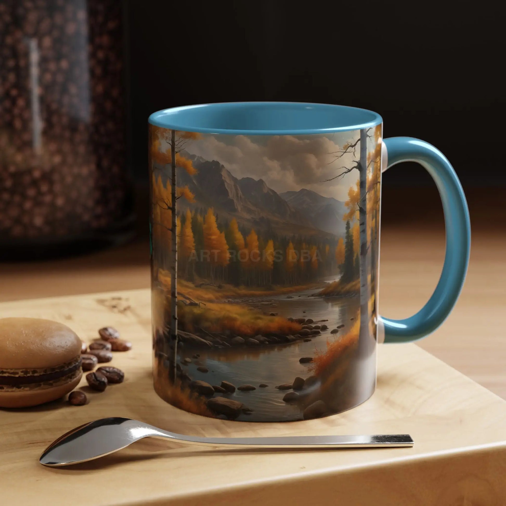 Autumn Mountain Landscape Accent Coffee Mug — Scenic River Cabin Decor ’Rocks’ Text Accent 11/15oz - Mug