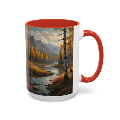 Autumn Mountain Landscape Accent Coffee Mug — Scenic River Cabin Decor ’Rocks’ Text Accent 11/15oz - Mug