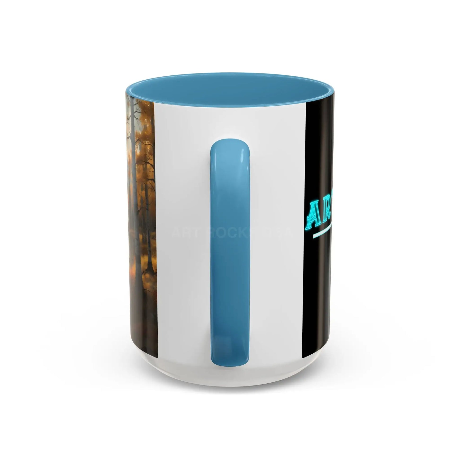 Autumn Mountain Landscape Accent Coffee Mug — Scenic River Cabin Decor ’Rocks’ Text Accent 11/15oz - Mug