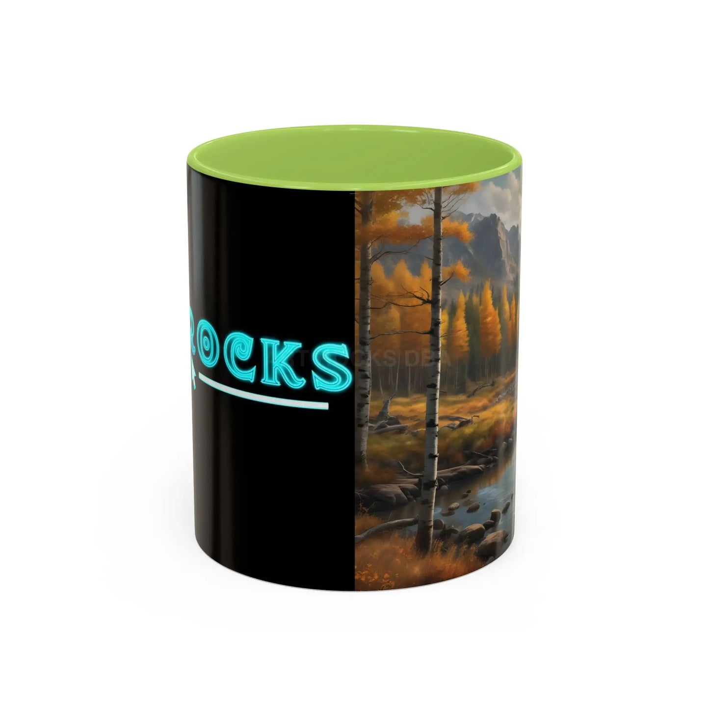 Autumn Mountain Landscape Accent Coffee Mug — Scenic River Cabin Decor ’Rocks’ Text Accent 11/15oz - 11oz / Light Green