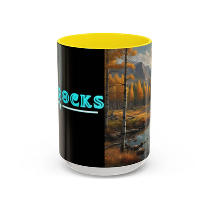 Autumn Mountain Landscape Accent Coffee Mug — Scenic River Cabin Decor ’Rocks’ Text Accent 11/15oz - 15oz / Yellow - Mug