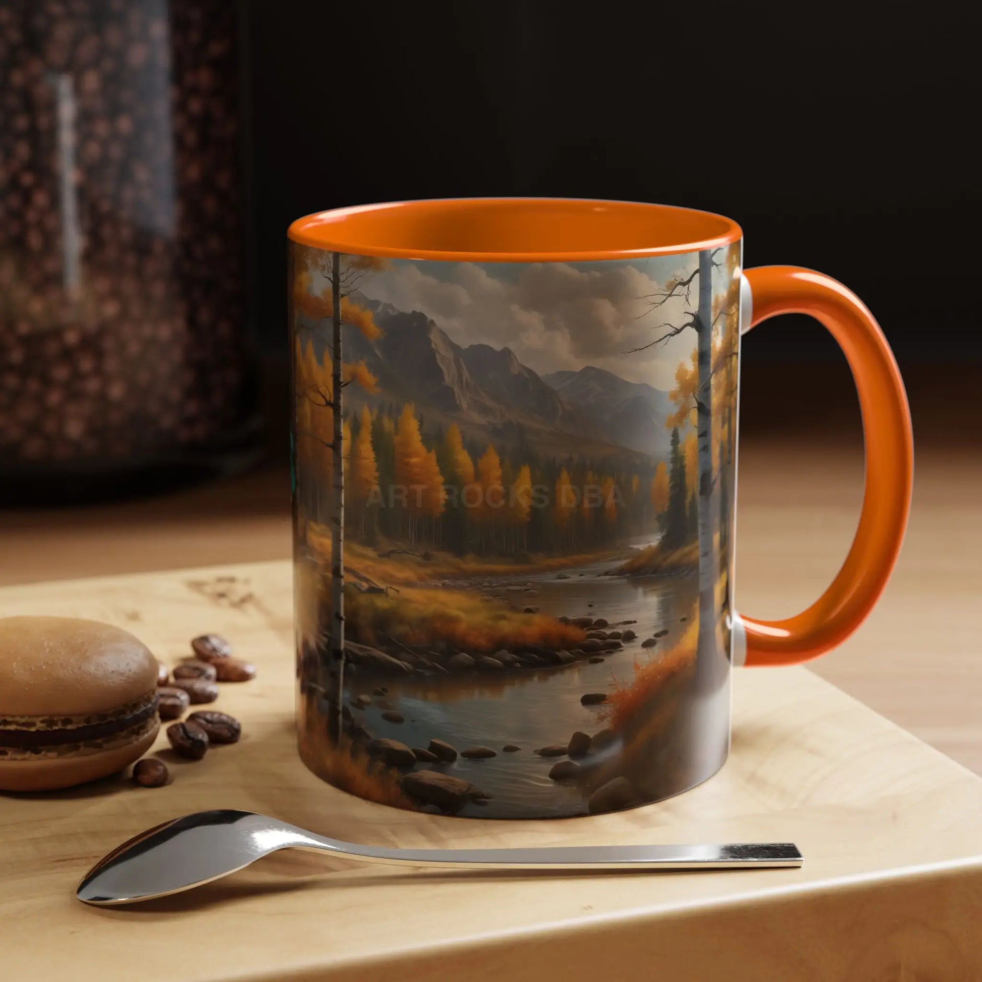 Autumn Mountain Landscape Accent Coffee Mug — Scenic River Cabin Decor ’Rocks’ Text Accent 11/15oz - Mug