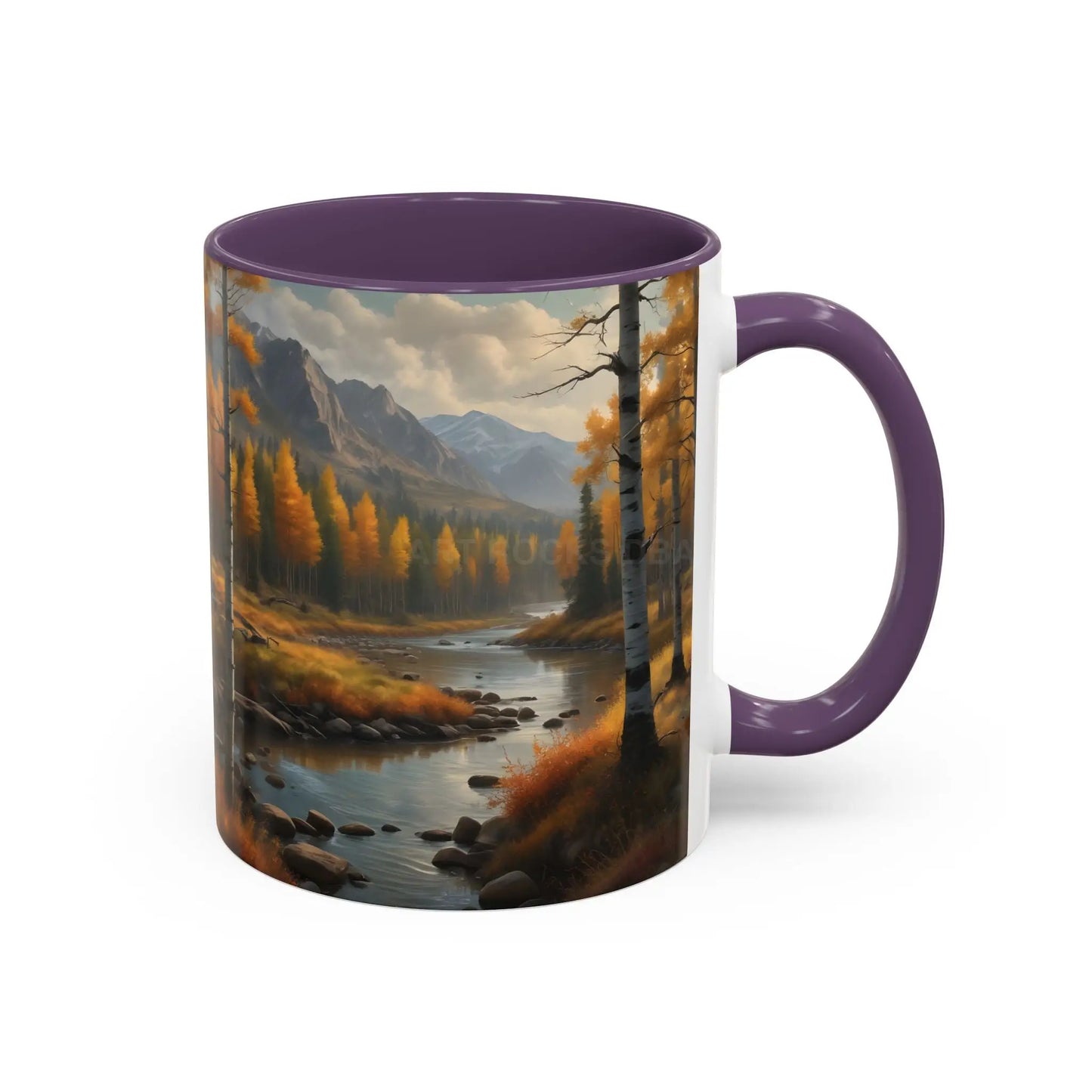 Autumn Mountain Landscape Accent Coffee Mug — Scenic River Cabin Decor ’Rocks’ Text Accent 11/15oz - Mug