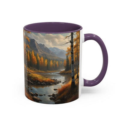 Autumn Mountain Landscape Accent Coffee Mug — Scenic River Cabin Decor ’Rocks’ Text Accent 11/15oz - Mug