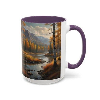 Autumn Mountain Landscape Accent Coffee Mug — Scenic River Cabin Decor ’Rocks’ Text Accent 11/15oz - Mug