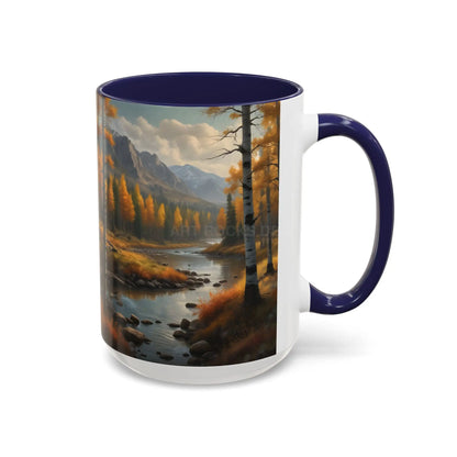 Autumn Mountain Landscape Accent Coffee Mug — Scenic River Cabin Decor ’Rocks’ Text Accent 11/15oz - Mug