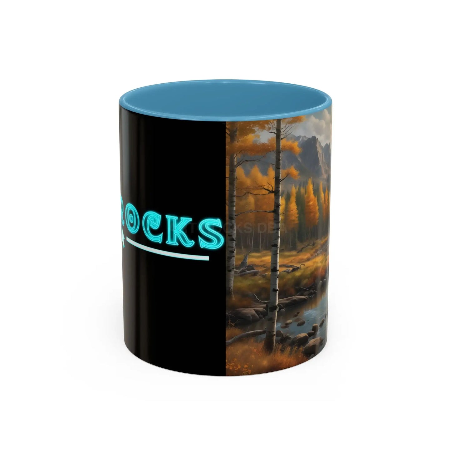 Autumn Mountain Landscape Accent Coffee Mug — Scenic River Cabin Decor ’Rocks’ Text Accent 11/15oz - 11oz / Light Blue