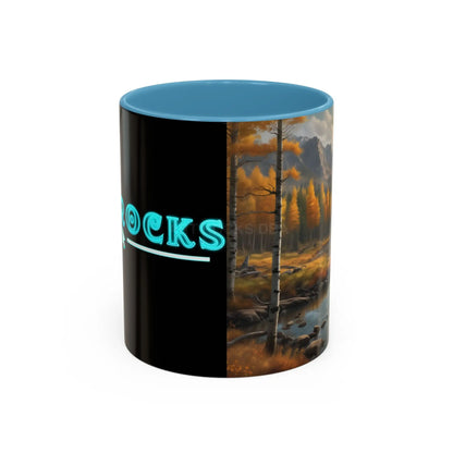 Autumn Mountain Landscape Accent Coffee Mug — Scenic River Cabin Decor ’Rocks’ Text Accent 11/15oz - 11oz / Light Blue