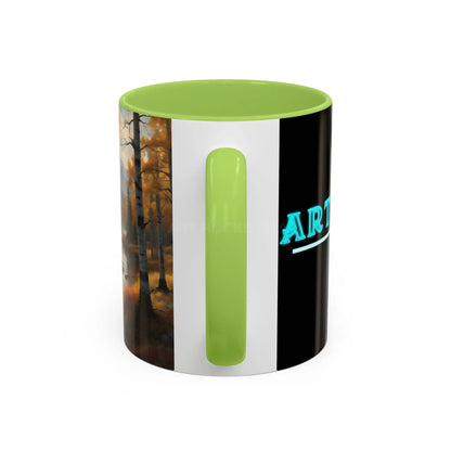 Autumn Mountain Landscape Accent Coffee Mug — Scenic River Cabin Decor ’Rocks’ Text Accent 11/15oz - Mug