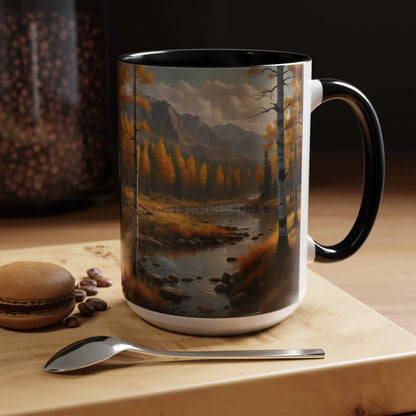 Autumn Mountain Landscape Accent Coffee Mug — Scenic River Cabin Decor ’Rocks’ Text Accent 11/15oz - Mug