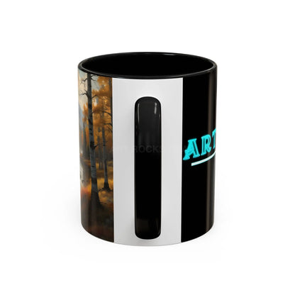 Autumn Mountain Landscape Accent Coffee Mug — Scenic River Cabin Decor ’Rocks’ Text Accent 11/15oz - Mug