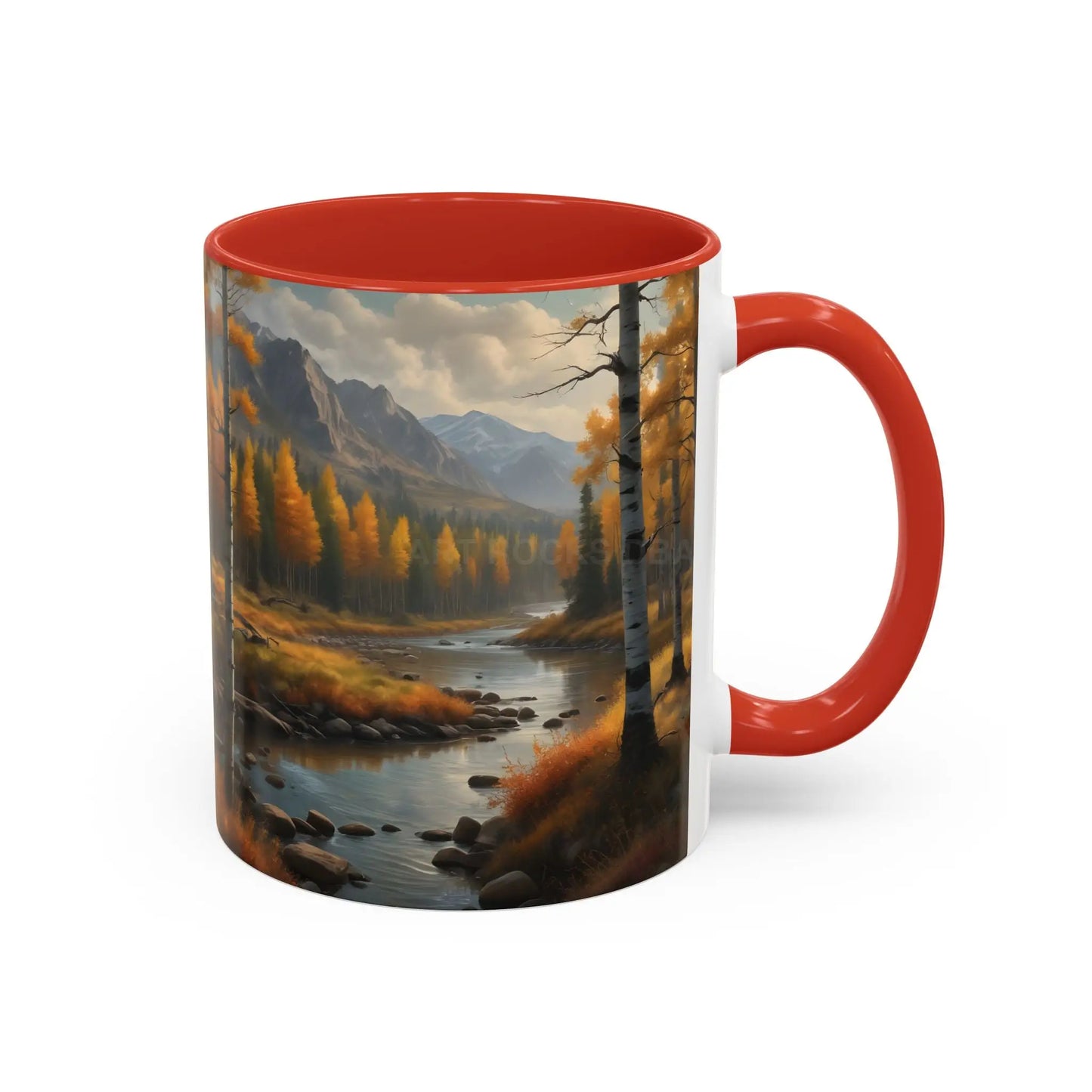 Autumn Mountain Landscape Accent Coffee Mug — Scenic River Cabin Decor ’Rocks’ Text Accent 11/15oz - Mug
