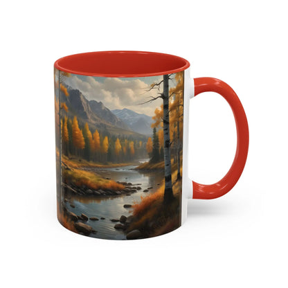 Autumn Mountain Landscape Accent Coffee Mug — Scenic River Cabin Decor ’Rocks’ Text Accent 11/15oz - Mug