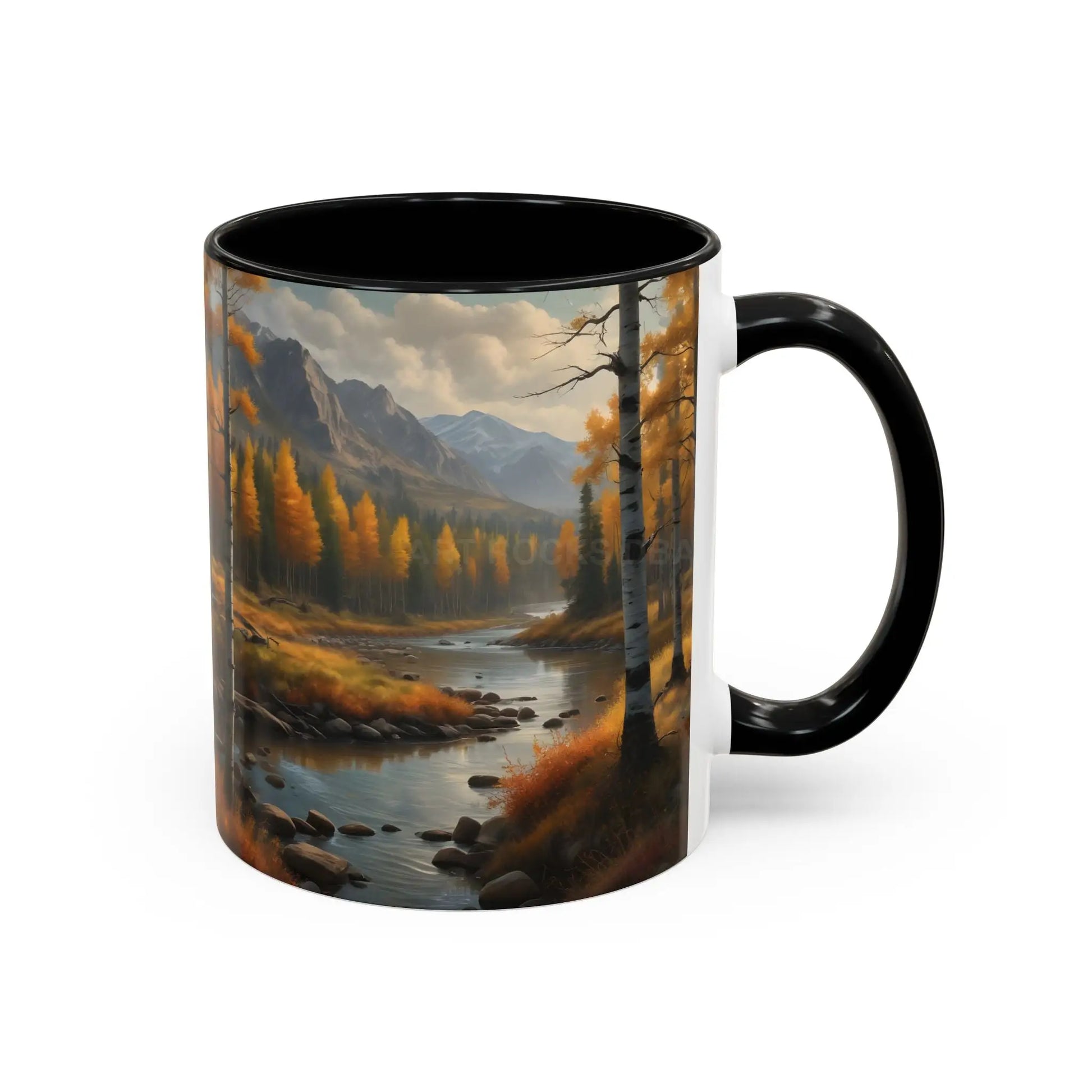 Autumn Mountain Landscape Accent Coffee Mug — Scenic River Cabin Decor ’Rocks’ Text Accent 11/15oz - Mug