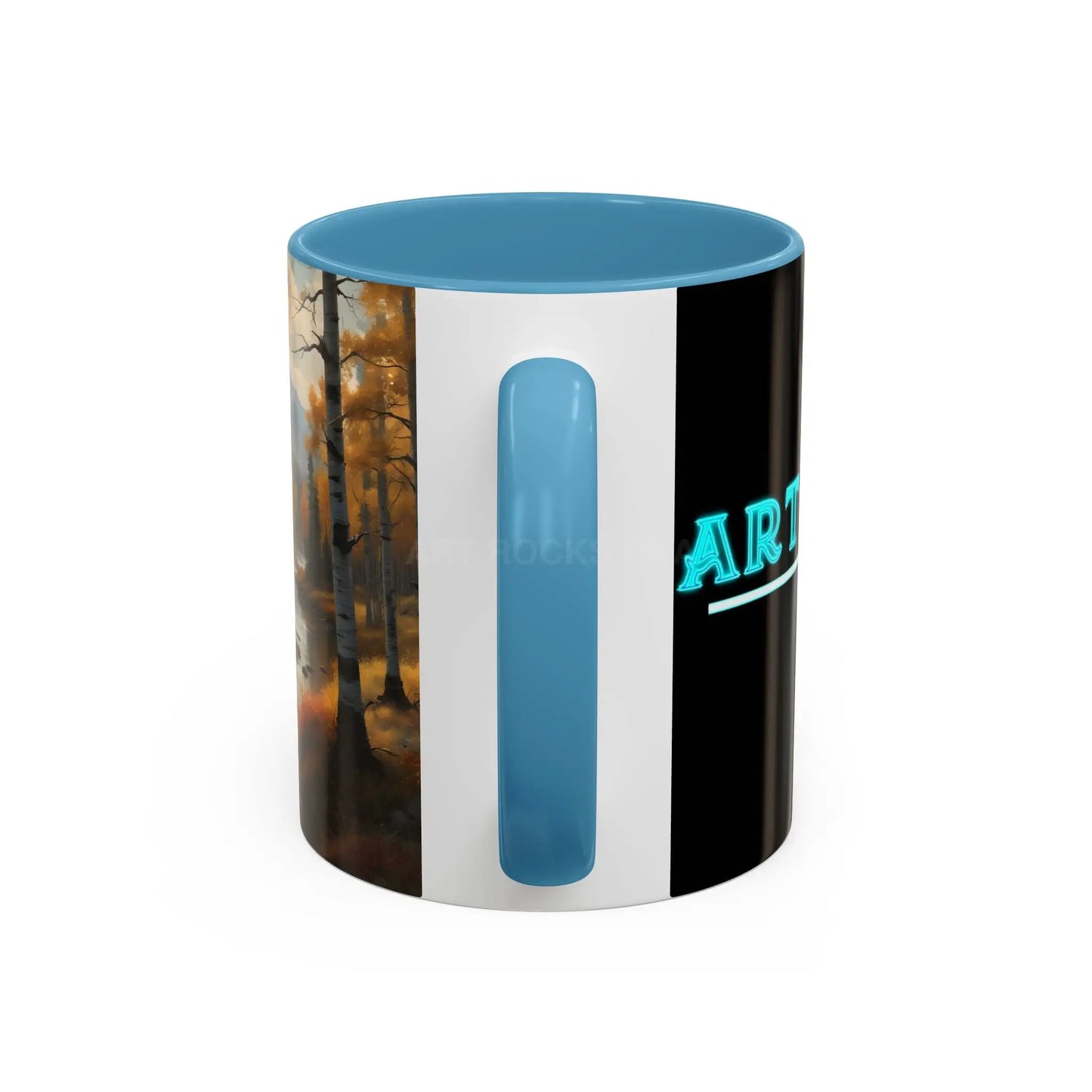 Autumn Mountain Landscape Accent Coffee Mug — Scenic River Cabin Decor ’Rocks’ Text Accent 11/15oz - Mug