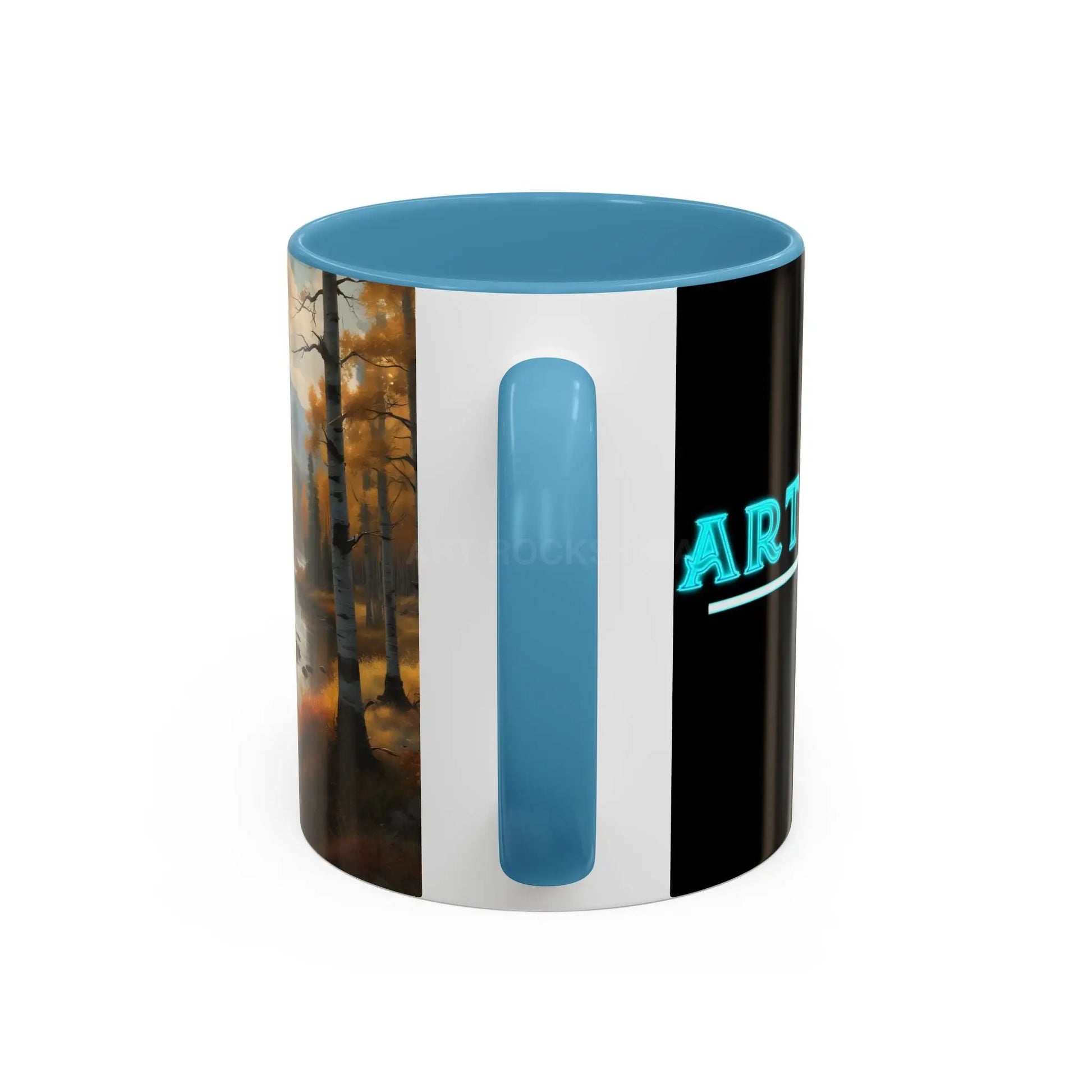 Autumn Mountain Landscape Accent Coffee Mug — Scenic River Cabin Decor ’Rocks’ Text Accent 11/15oz - Mug