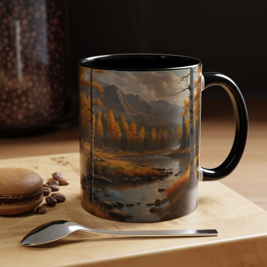 Autumn Mountain Landscape Accent Coffee Mug — Scenic River Cabin Decor ’Rocks’ Text Accent 11/15oz - 11oz / Black - Mug