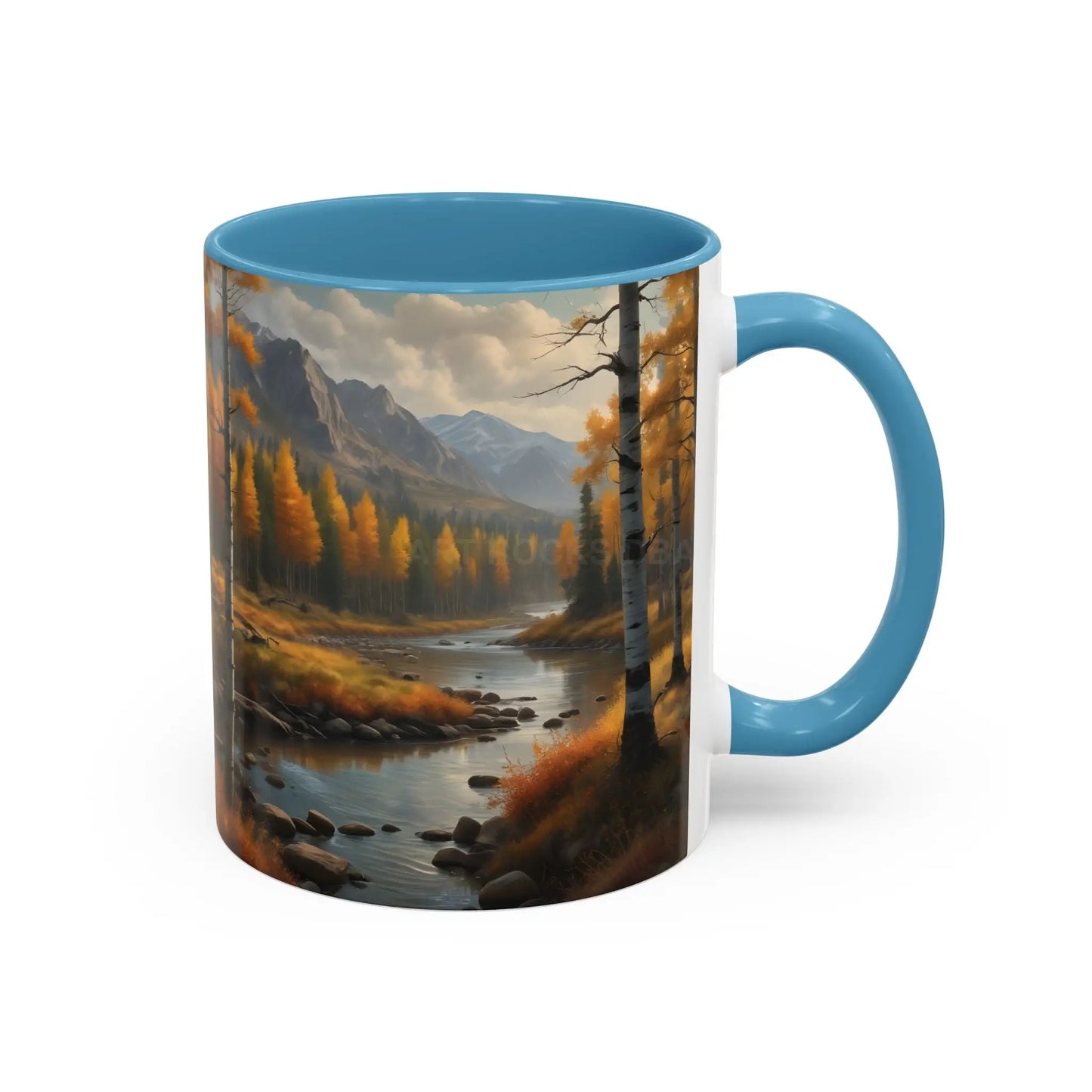 Autumn Mountain Landscape Accent Coffee Mug — Scenic River Cabin Decor ’Rocks’ Text Accent 11/15oz - Mug