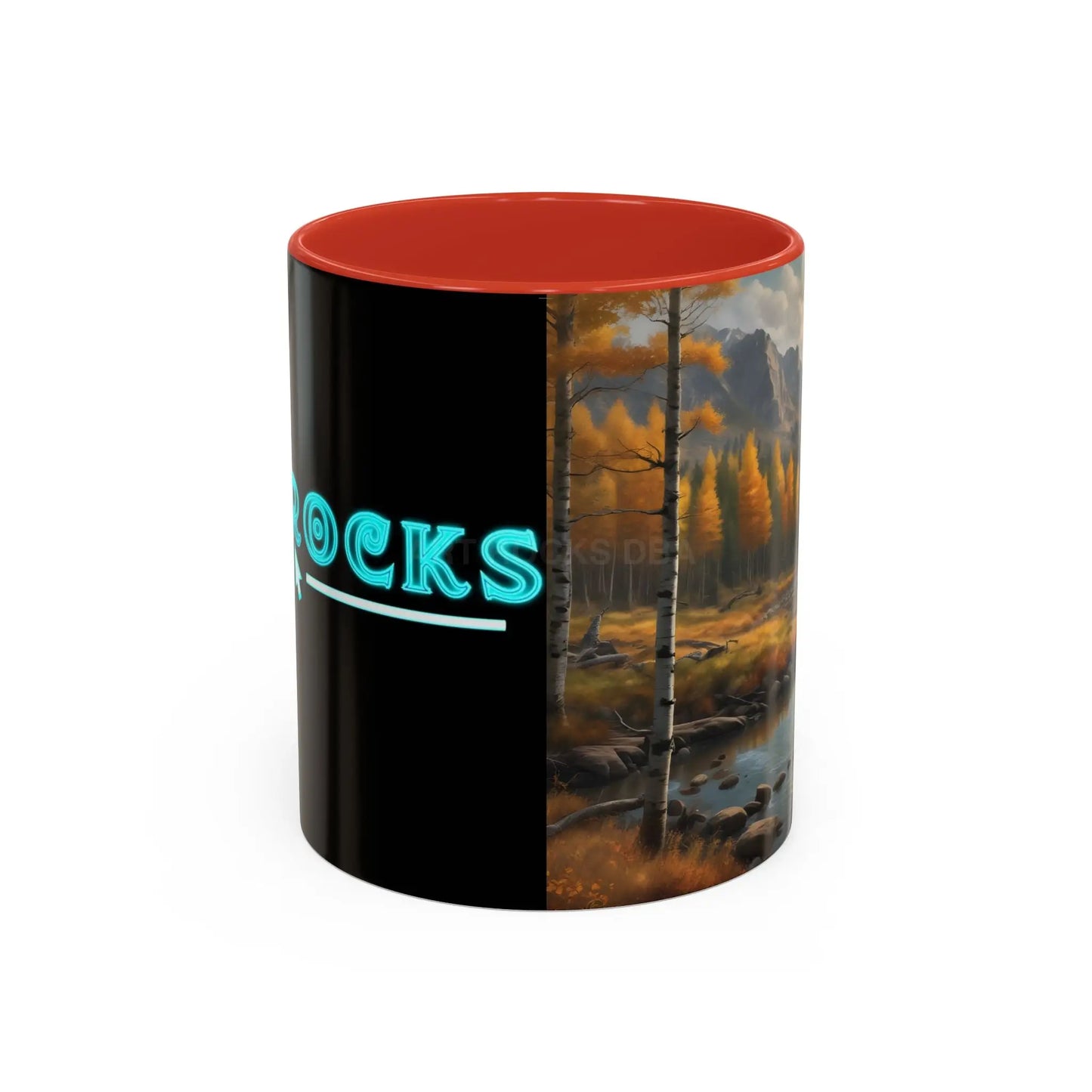 Autumn Mountain Landscape Accent Coffee Mug — Scenic River Cabin Decor ’Rocks’ Text Accent 11/15oz - 11oz / Red - Mug