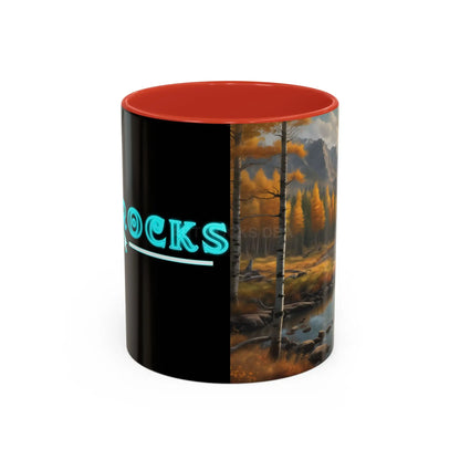 Autumn Mountain Landscape Accent Coffee Mug — Scenic River Cabin Decor ’Rocks’ Text Accent 11/15oz - 11oz / Red - Mug