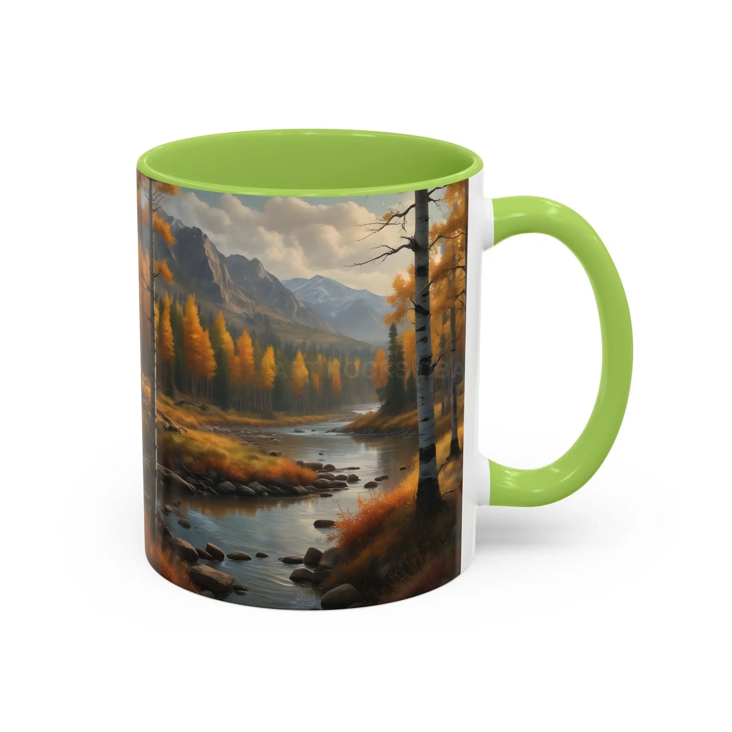Autumn Mountain Landscape Accent Coffee Mug — Scenic River Cabin Decor ’Rocks’ Text Accent 11/15oz - Mug