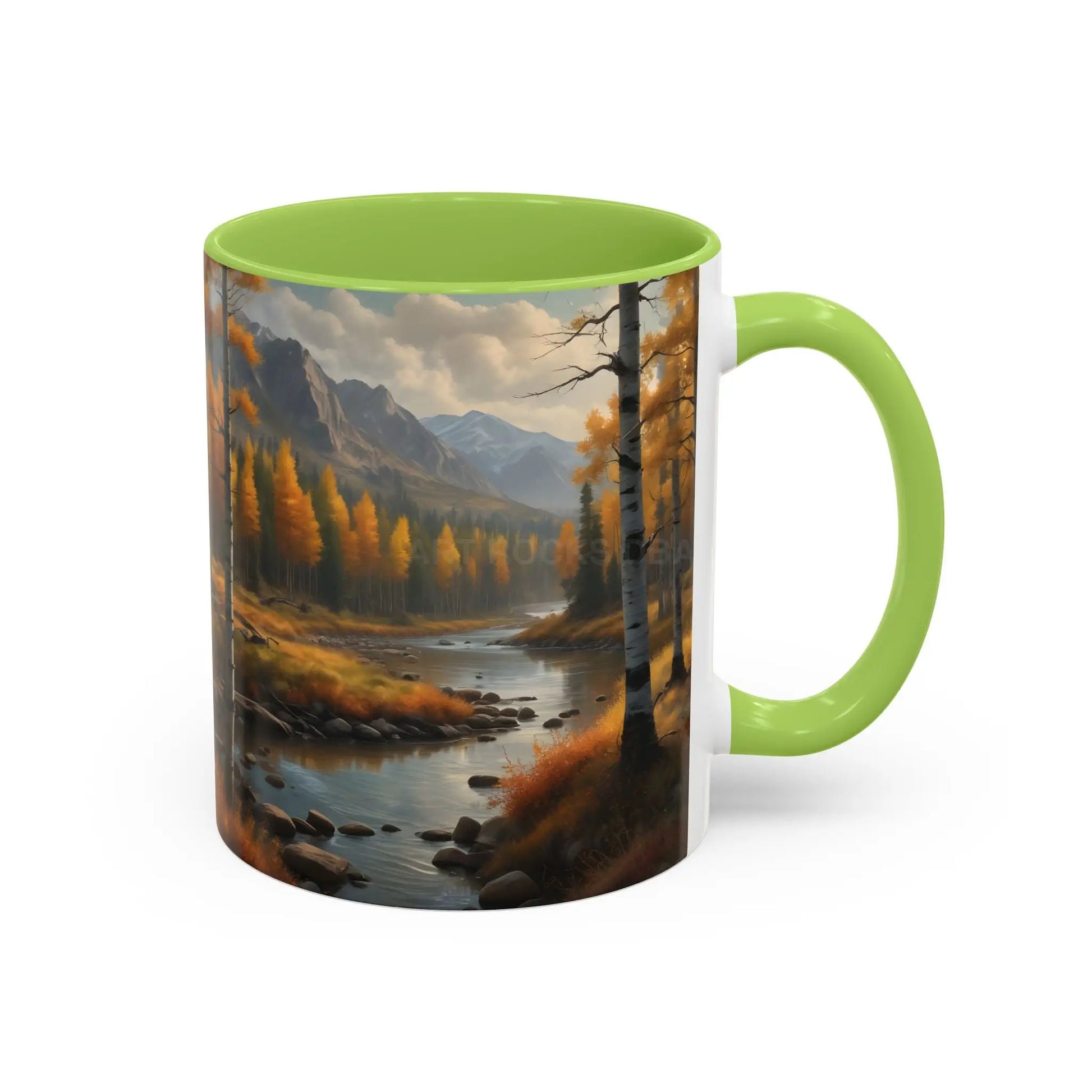 Autumn Mountain Landscape Accent Coffee Mug — Scenic River Cabin Decor ’Rocks’ Text Accent 11/15oz - Mug