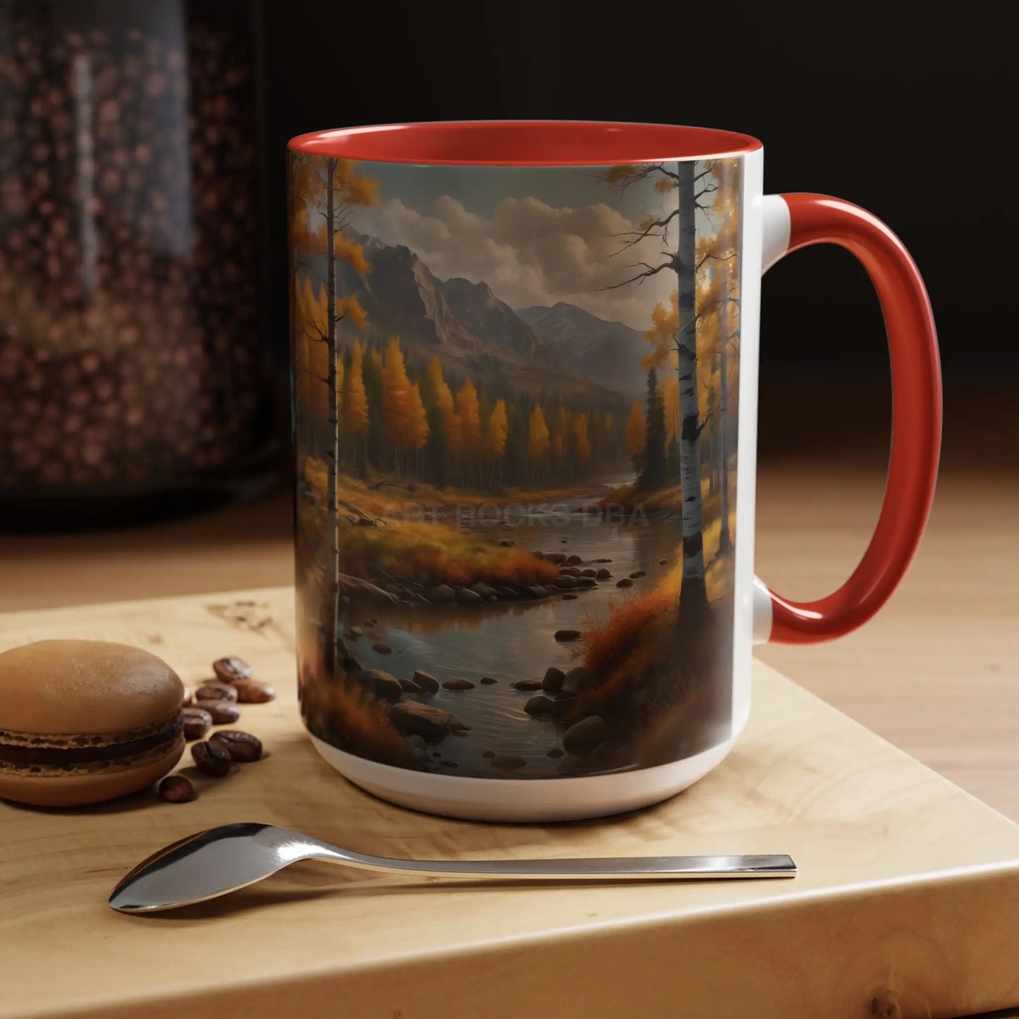 Autumn Mountain Landscape Accent Coffee Mug — Scenic River Cabin Decor ’Rocks’ Text Accent 11/15oz - Mug