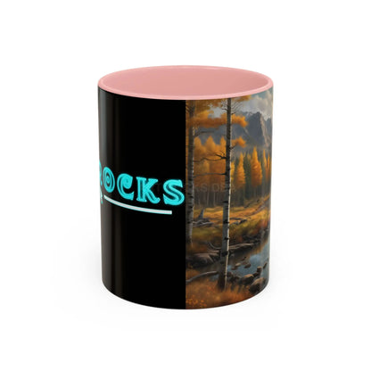 Autumn Mountain Landscape Accent Coffee Mug — Scenic River Cabin Decor ’Rocks’ Text Accent 11/15oz - 11oz / Pink - Mug