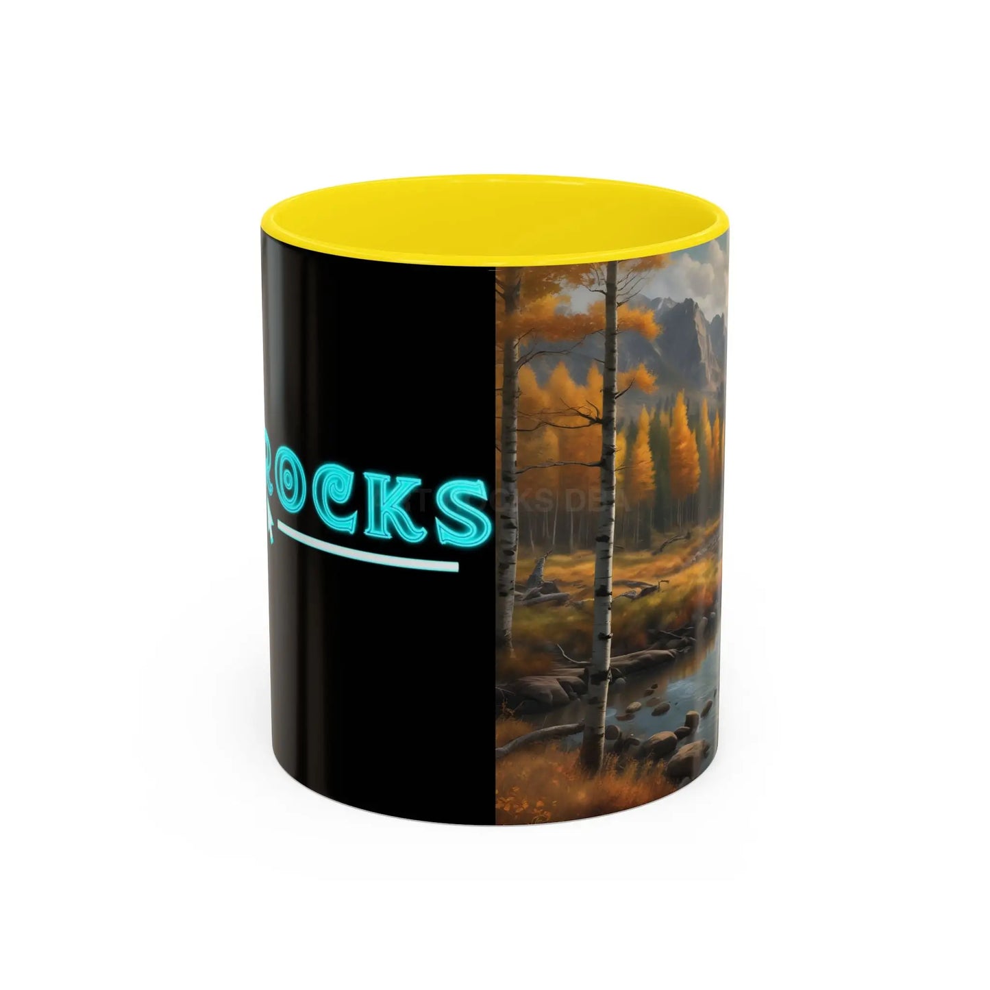 Autumn Mountain Landscape Accent Coffee Mug — Scenic River Cabin Decor ’Rocks’ Text Accent 11/15oz - 11oz / Yellow - Mug