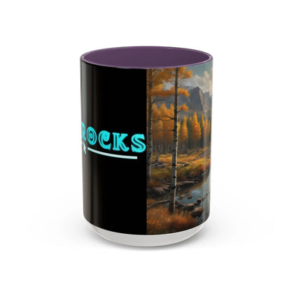 Autumn Mountain Landscape Accent Coffee Mug — Scenic River Cabin Decor ’Rocks’ Text Accent 11/15oz - 15oz / Purple - Mug