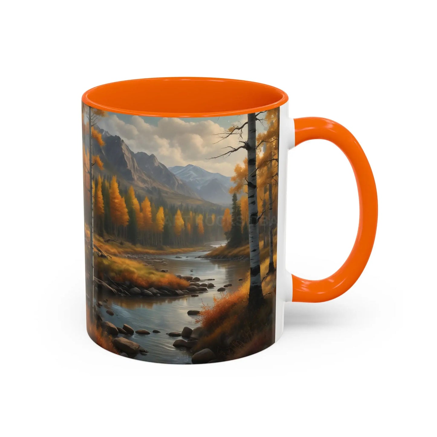 Autumn Mountain Landscape Accent Coffee Mug — Scenic River Cabin Decor ’Rocks’ Text Accent 11/15oz - Mug