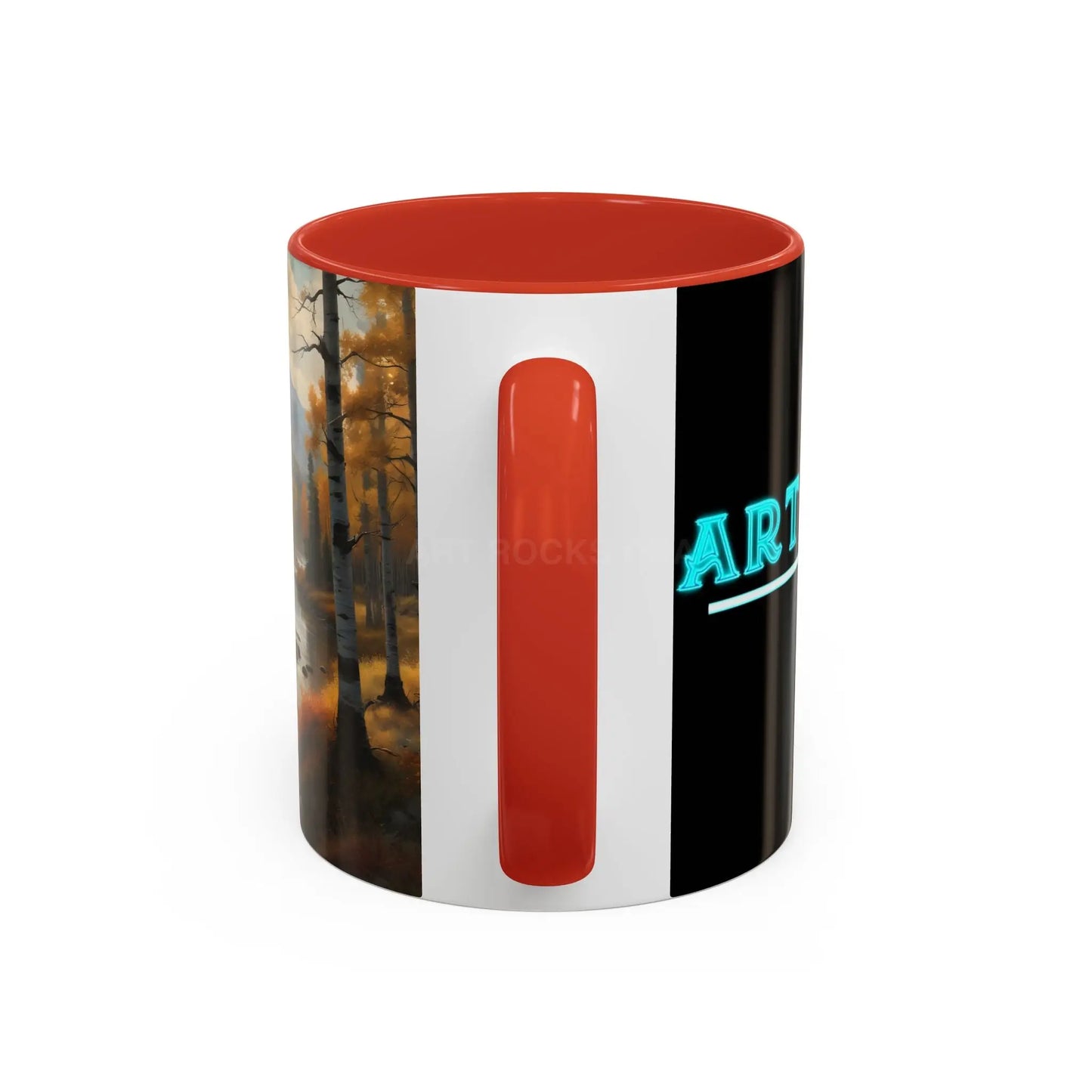 Autumn Mountain Landscape Accent Coffee Mug — Scenic River Cabin Decor ’Rocks’ Text Accent 11/15oz - Mug