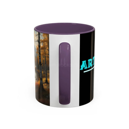 Autumn Mountain Landscape Accent Coffee Mug — Scenic River Cabin Decor ’Rocks’ Text Accent 11/15oz - Mug