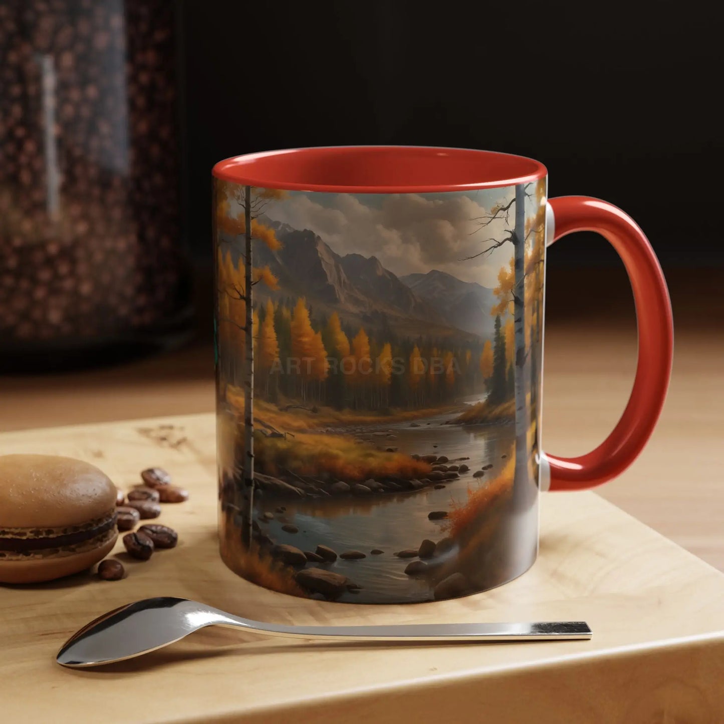 Autumn Mountain Landscape Accent Coffee Mug — Scenic River Cabin Decor ’Rocks’ Text Accent 11/15oz - Mug