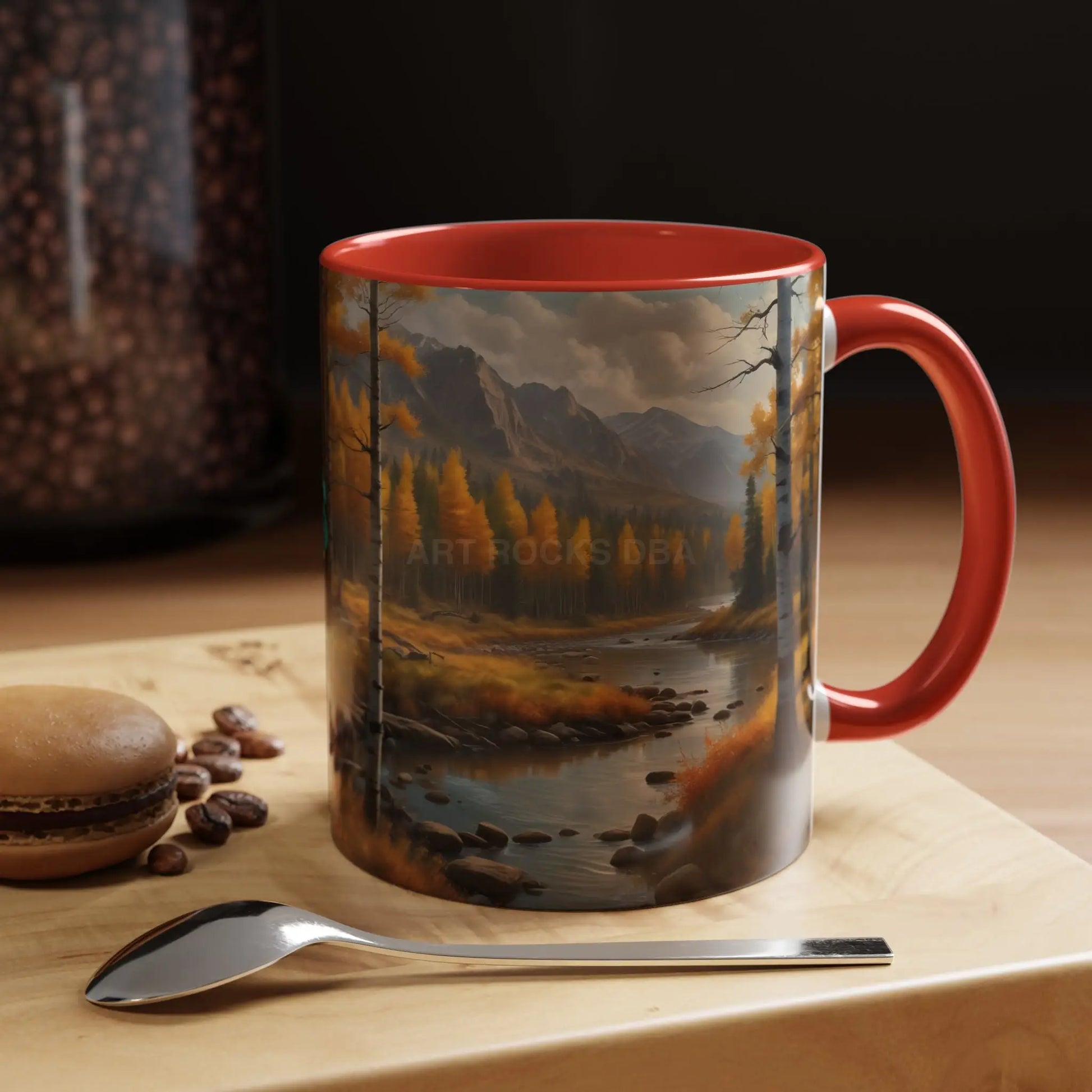 Autumn Mountain Landscape Accent Coffee Mug — Scenic River Cabin Decor ’Rocks’ Text Accent 11/15oz - Mug