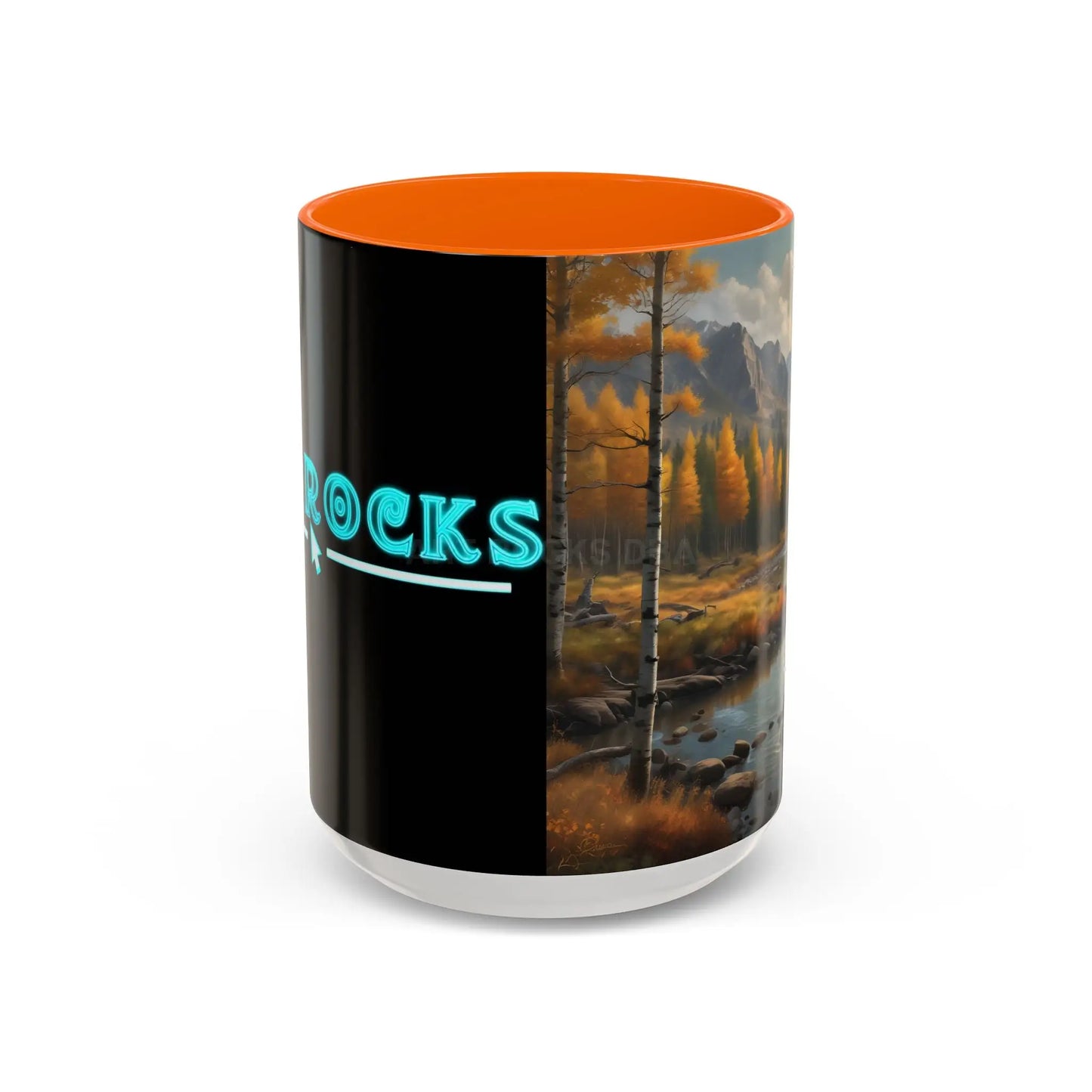 Autumn Mountain Landscape Accent Coffee Mug — Scenic River Cabin Decor ’Rocks’ Text Accent 11/15oz - 15oz / Orange - Mug