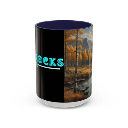 Autumn Mountain Landscape Accent Coffee Mug — Scenic River Cabin Decor ’Rocks’ Text Accent 11/15oz - 15oz / Navy - Mug