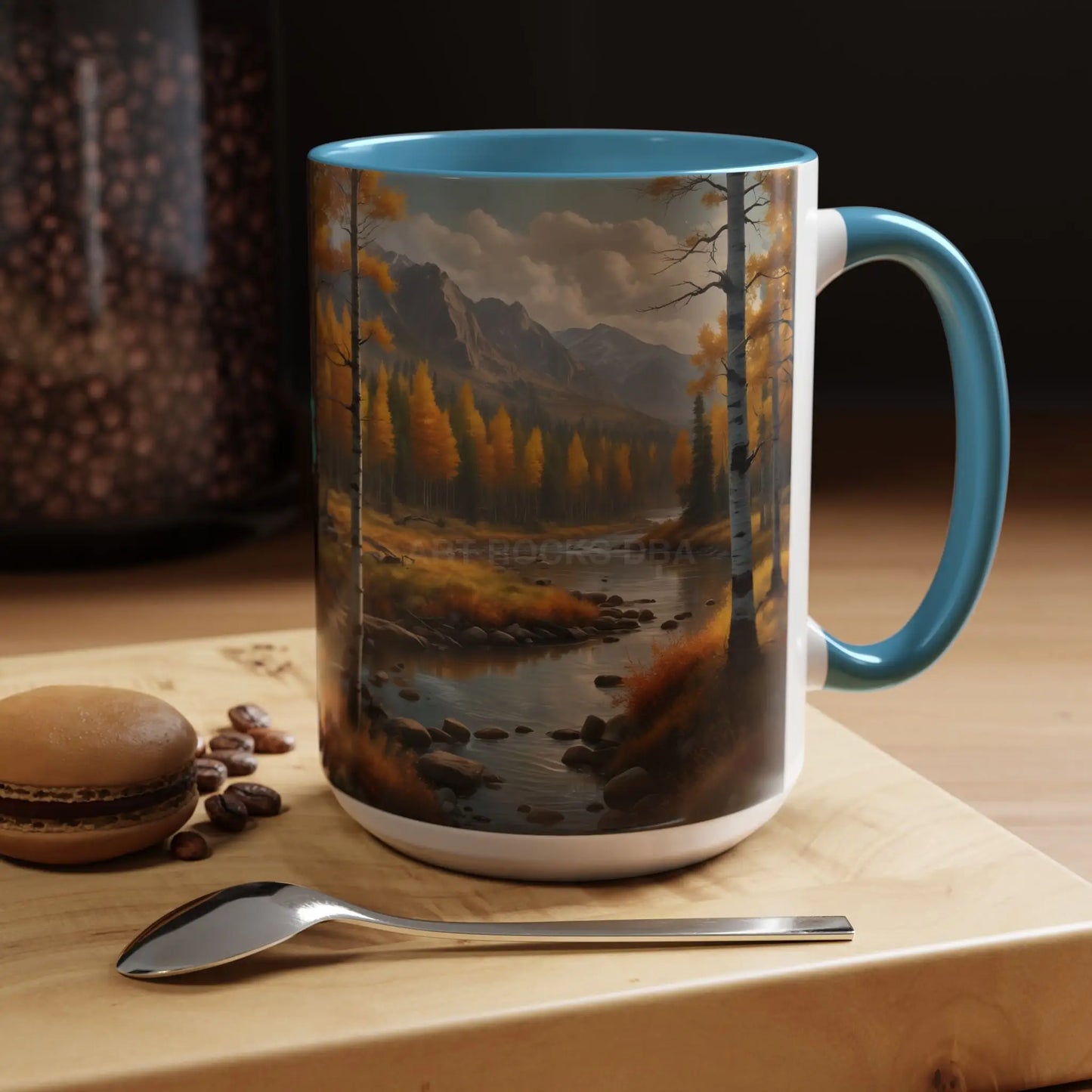 Autumn Mountain Landscape Accent Coffee Mug — Scenic River Cabin Decor ’Rocks’ Text Accent 11/15oz - Mug