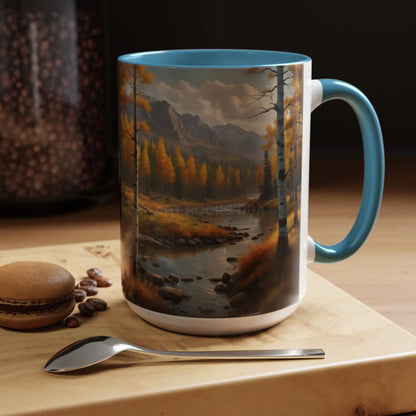 Autumn Mountain Landscape Accent Coffee Mug — Scenic River Cabin Decor ’Rocks’ Text Accent 11/15oz - Mug