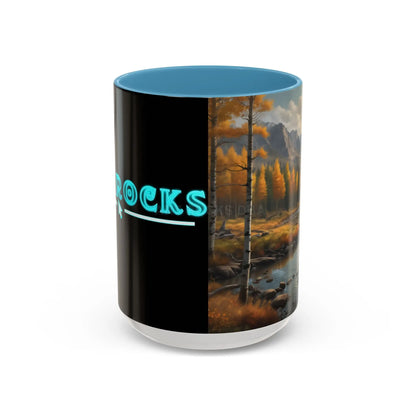 Autumn Mountain Landscape Accent Coffee Mug — Scenic River Cabin Decor ’Rocks’ Text Accent 11/15oz - 15oz / Light Blue