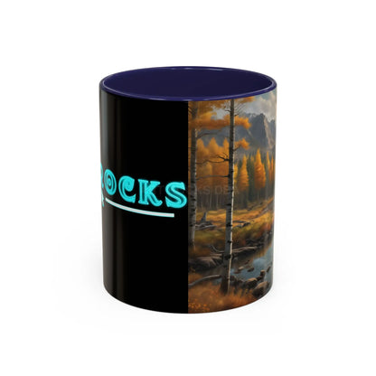 Autumn Mountain Landscape Accent Coffee Mug — Scenic River Cabin Decor ’Rocks’ Text Accent 11/15oz - 11oz / Navy - Mug