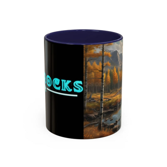 Autumn Mountain Landscape Accent Coffee Mug — Scenic River Cabin Decor ’Rocks’ Text Accent 11/15oz - 11oz / Navy - Mug