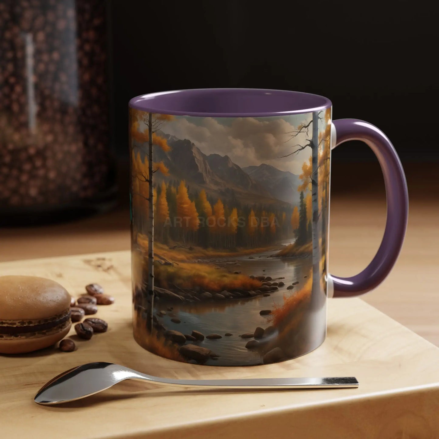 Autumn Mountain Landscape Accent Coffee Mug — Scenic River Cabin Decor ’Rocks’ Text Accent 11/15oz - Mug