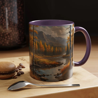 Autumn Mountain Landscape Accent Coffee Mug — Scenic River Cabin Decor ’Rocks’ Text Accent 11/15oz - Mug