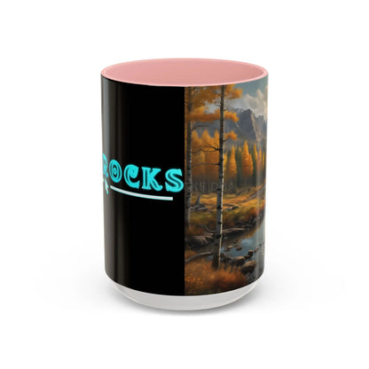 Autumn Mountain Landscape Accent Coffee Mug — Scenic River Cabin Decor ’Rocks’ Text Accent 11/15oz - 15oz / Pink - Mug