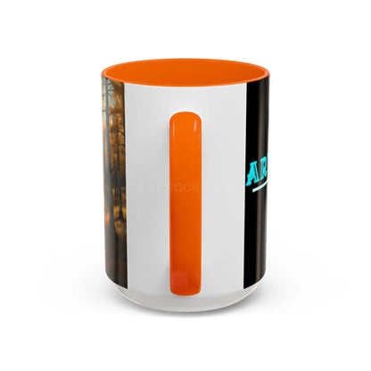 Autumn Mountain Landscape Accent Coffee Mug — Scenic River Cabin Decor ’Rocks’ Text Accent 11/15oz - Mug