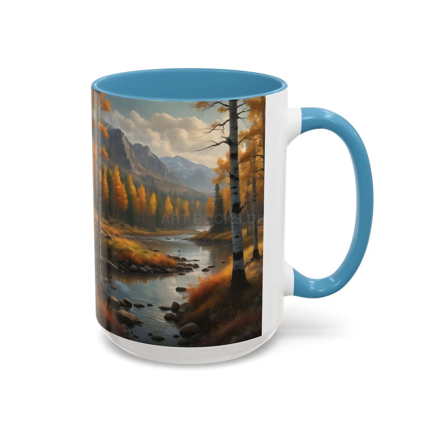Autumn Mountain Landscape Accent Coffee Mug — Scenic River Cabin Decor ’Rocks’ Text Accent 11/15oz - Mug