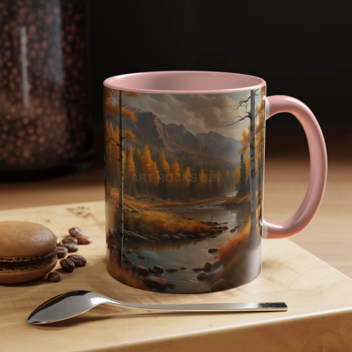 Autumn Mountain Landscape Accent Coffee Mug — Scenic River Cabin Decor ’Rocks’ Text Accent 11/15oz - Mug