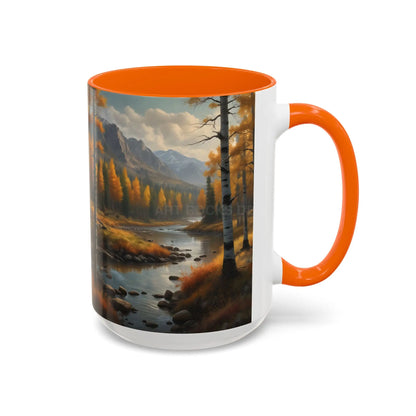 Autumn Mountain Landscape Accent Coffee Mug — Scenic River Cabin Decor ’Rocks’ Text Accent 11/15oz - Mug