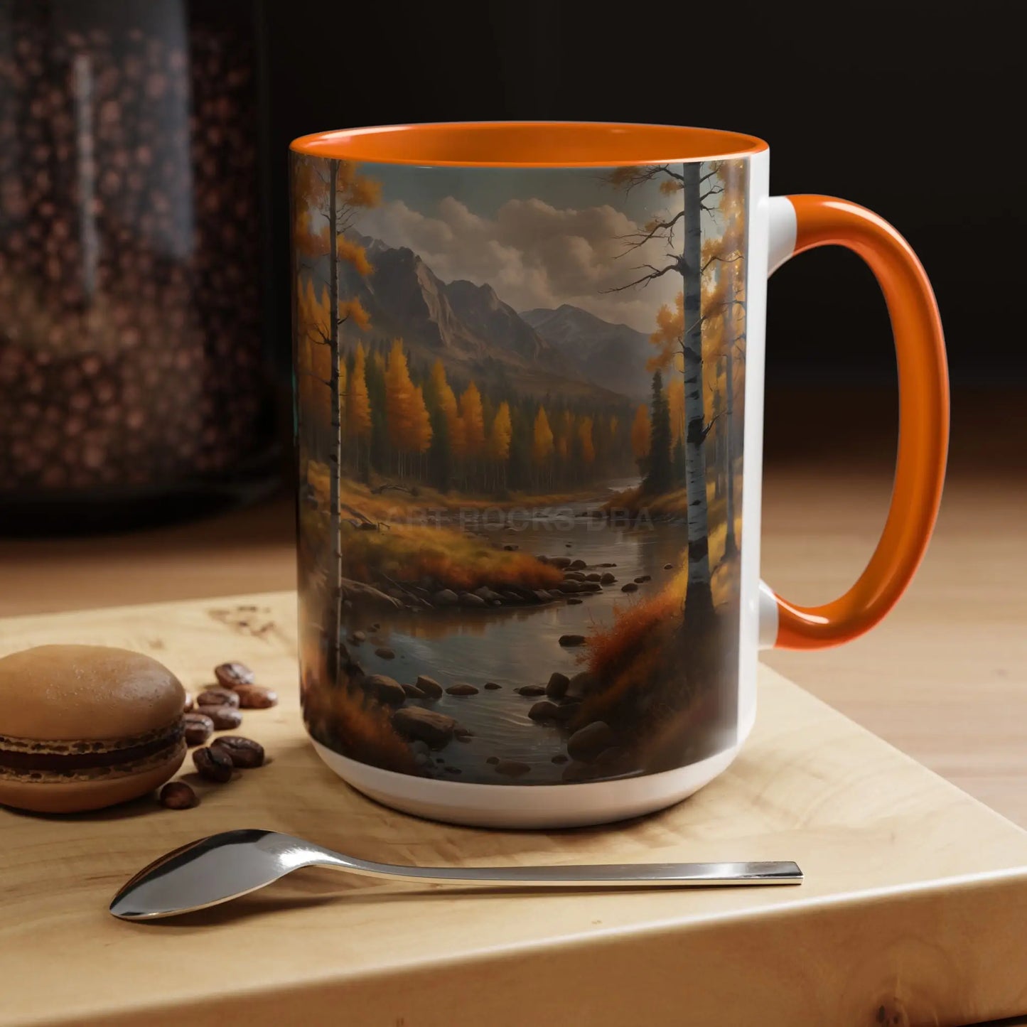 Autumn Mountain Landscape Accent Coffee Mug — Scenic River Cabin Decor ’Rocks’ Text Accent 11/15oz - Mug